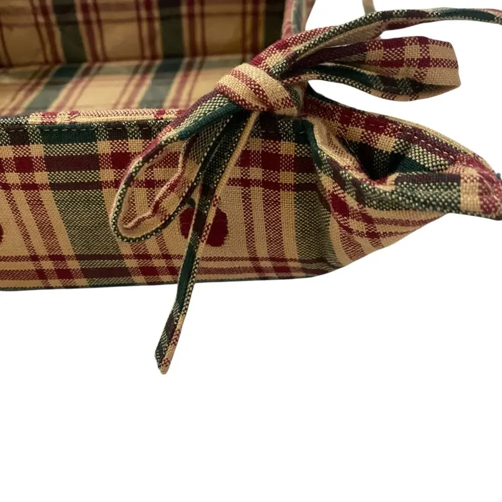 Farmhouse Country Fabric Cloth Bread/Fruit Basket Side Ties Square Plaid Apples